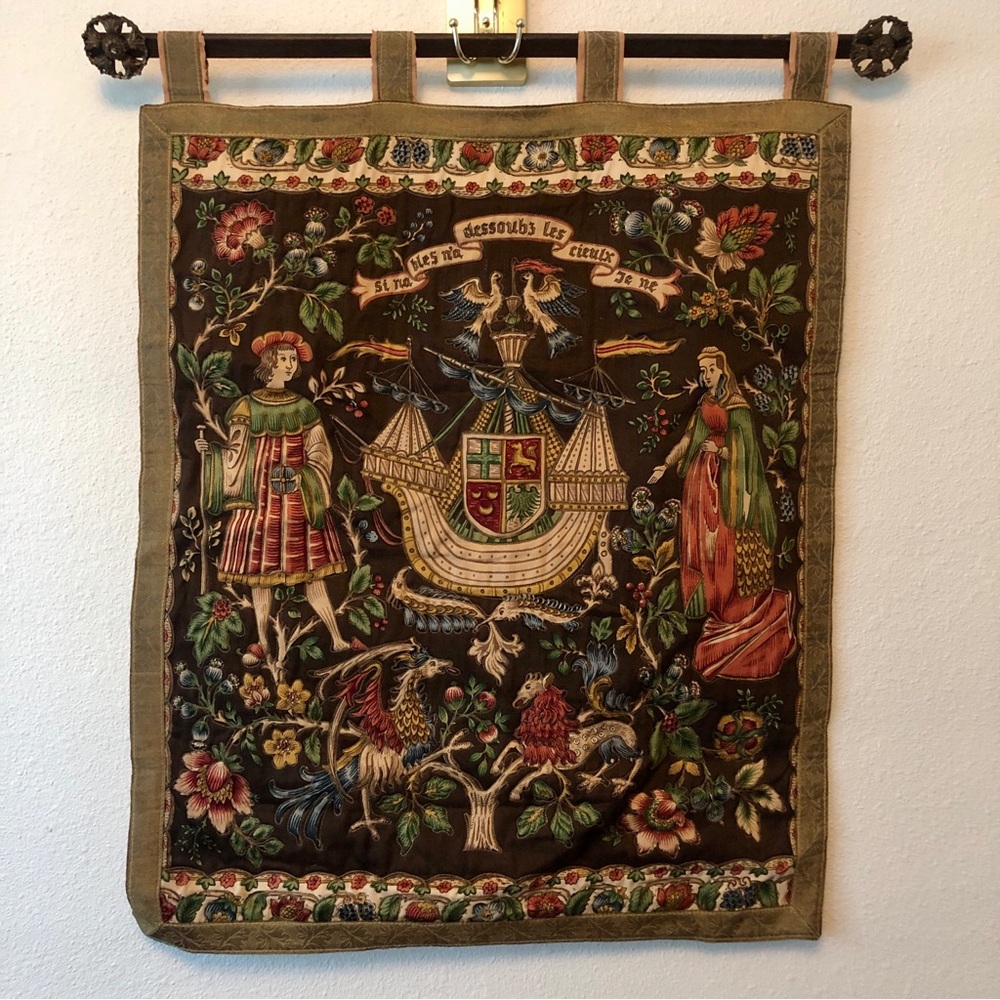 Vintage French Medieval Wall Hanging Tapestry Panel Barques des Amours